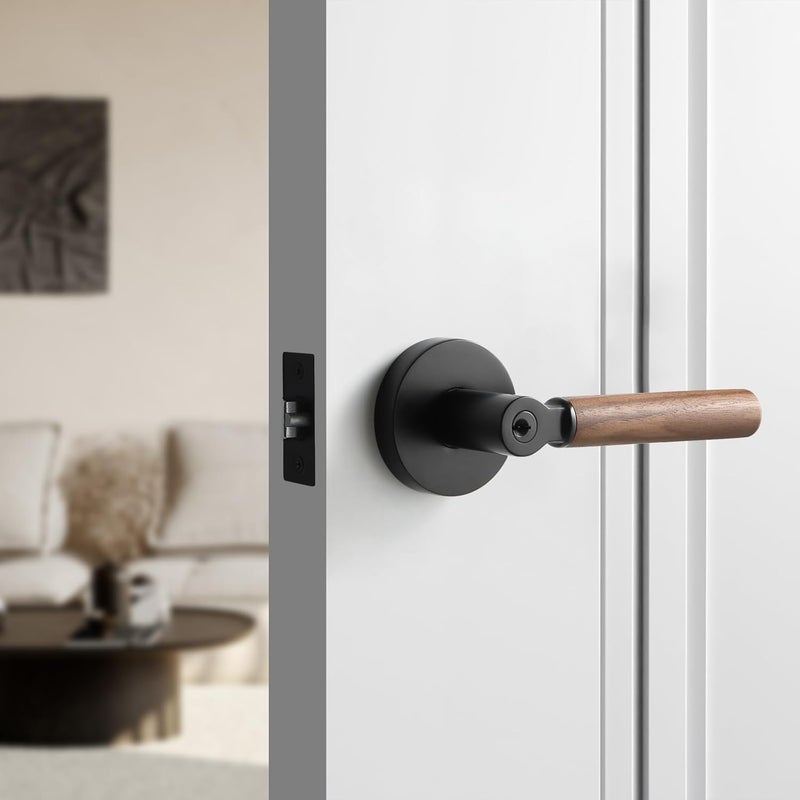 YAGU Wooden Round Entry Lever Door Handle Lock and Key Locking Lever Set Pack of 1 [for Front Door or Office] Reversible for Right & Left Sided Doors Heavy Duty – Matte Black Finish - Image 2